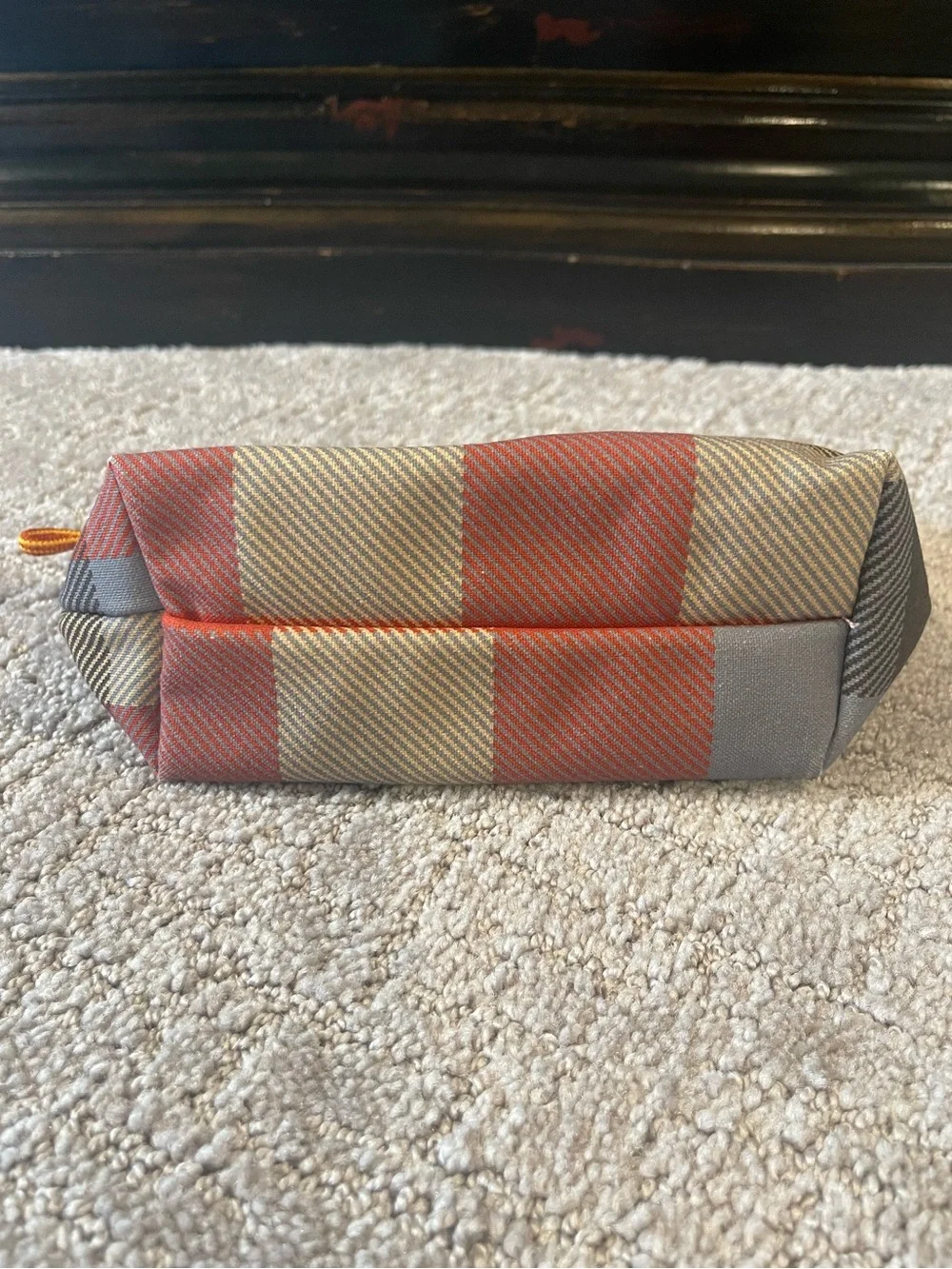 L.L. Bean Boat & Tote Canvas Travel Pouch - Cream & Red Plaid, 5”x10”